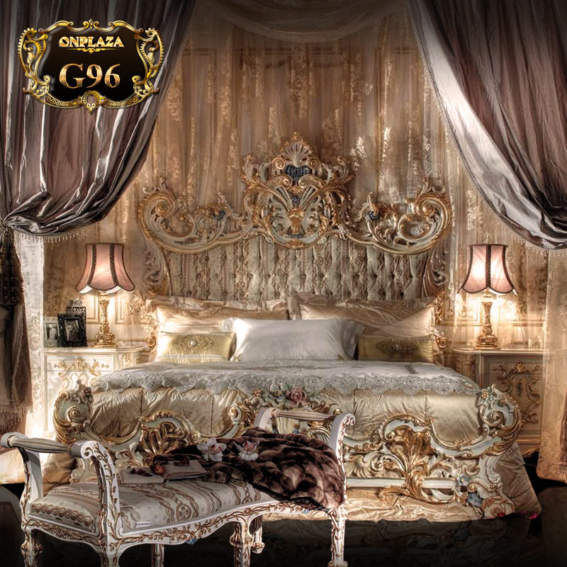 Bộ giường ngủ hoàng gia cao cấp chạm khắc hoa văn (giường+tab giường+ghế cuối giường) G96