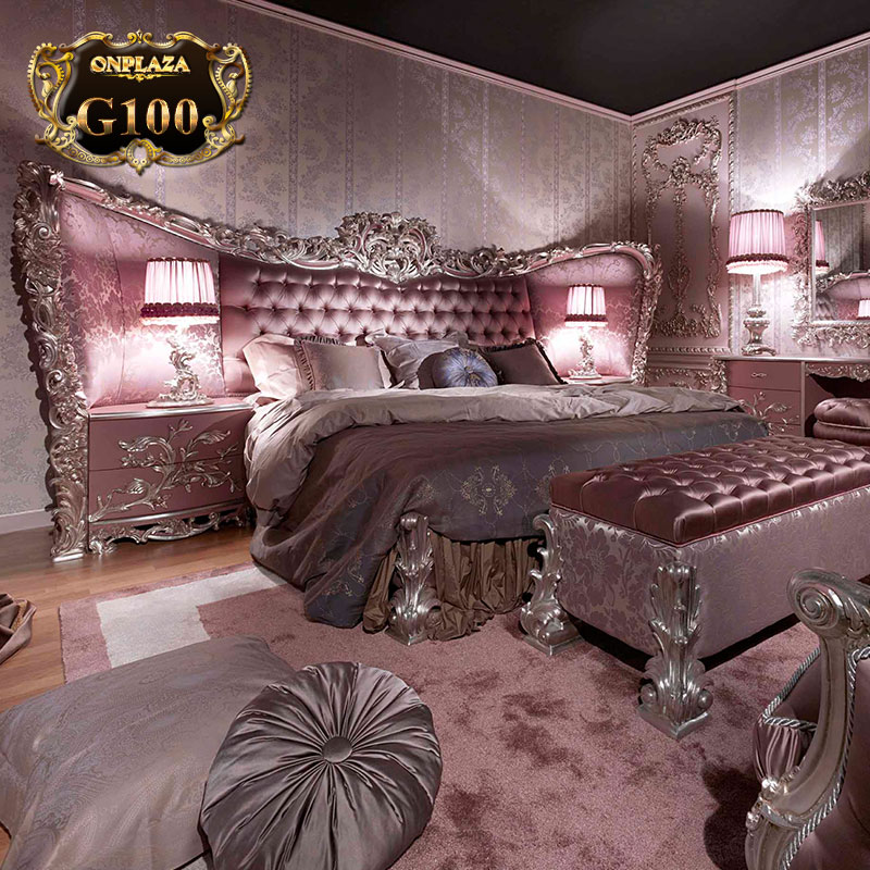 Mẫu giường gam màu tím nhẹ nhàng thiết kế theo phong cách tân cổ điển