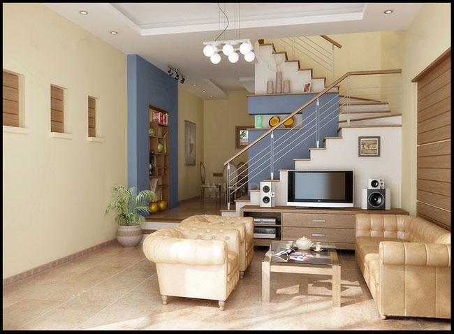mẫu thiết kế nội thất phòng khách dùng sự tương phản màu sắc hiện đại.