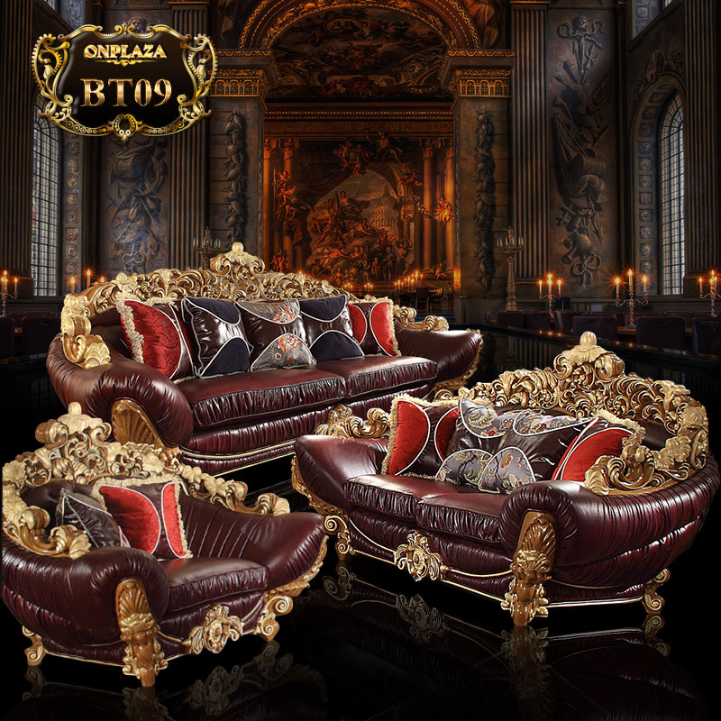 Bộ ghế sofa bọc nệm da chạm khắc họa tiết Hoàng gia PN109-1