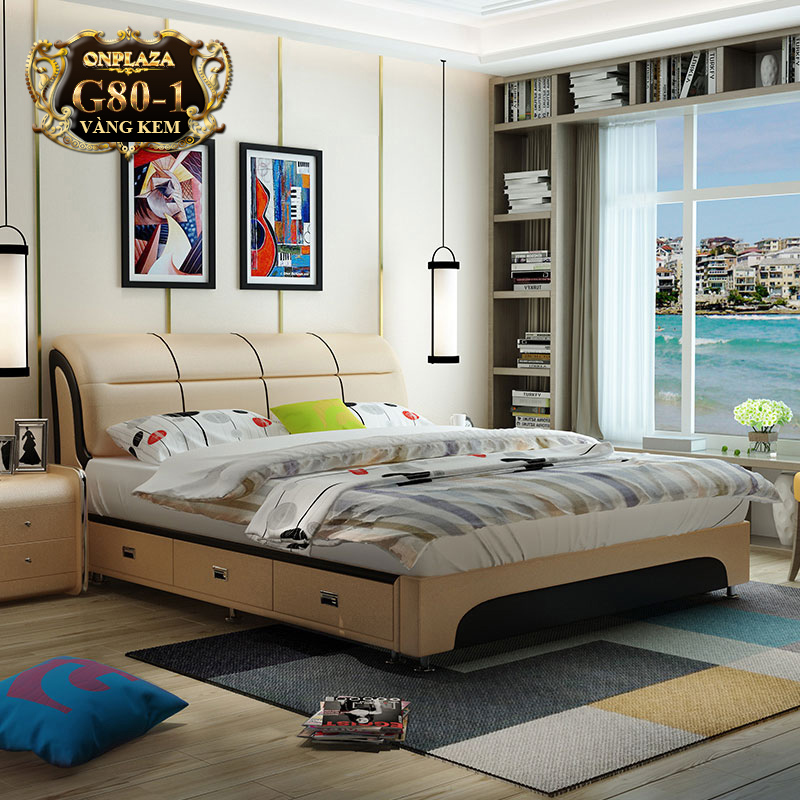 Bộ giường ngủ bọc nệm da đa năng (bao gồm 2 táp) G80-1 (Màu kem) 