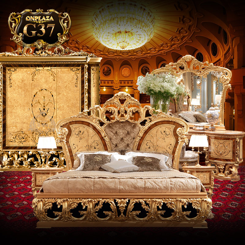 Bộ giường ngủ tân cổ điển phong cách hoàng gia G37, giường gỗ cao cấp nhập khẩu, giường gỗ đẹp