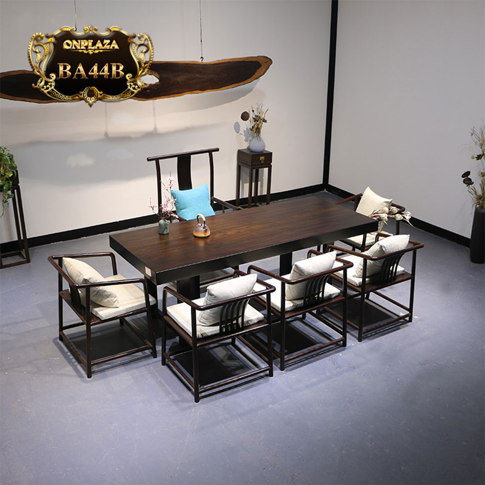 Bộ bàn ghế gỗ mun nguyên tấm 9 món cao cấp cho phòng khách cổ điển BA44