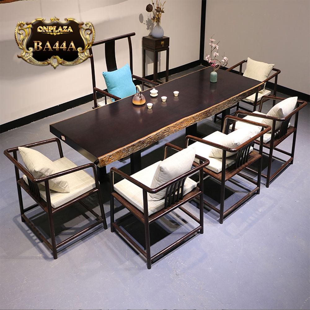 Bộ bàn ghế gỗ mun nguyên tấm 9 món cao cấp cho phòng khách cổ điển