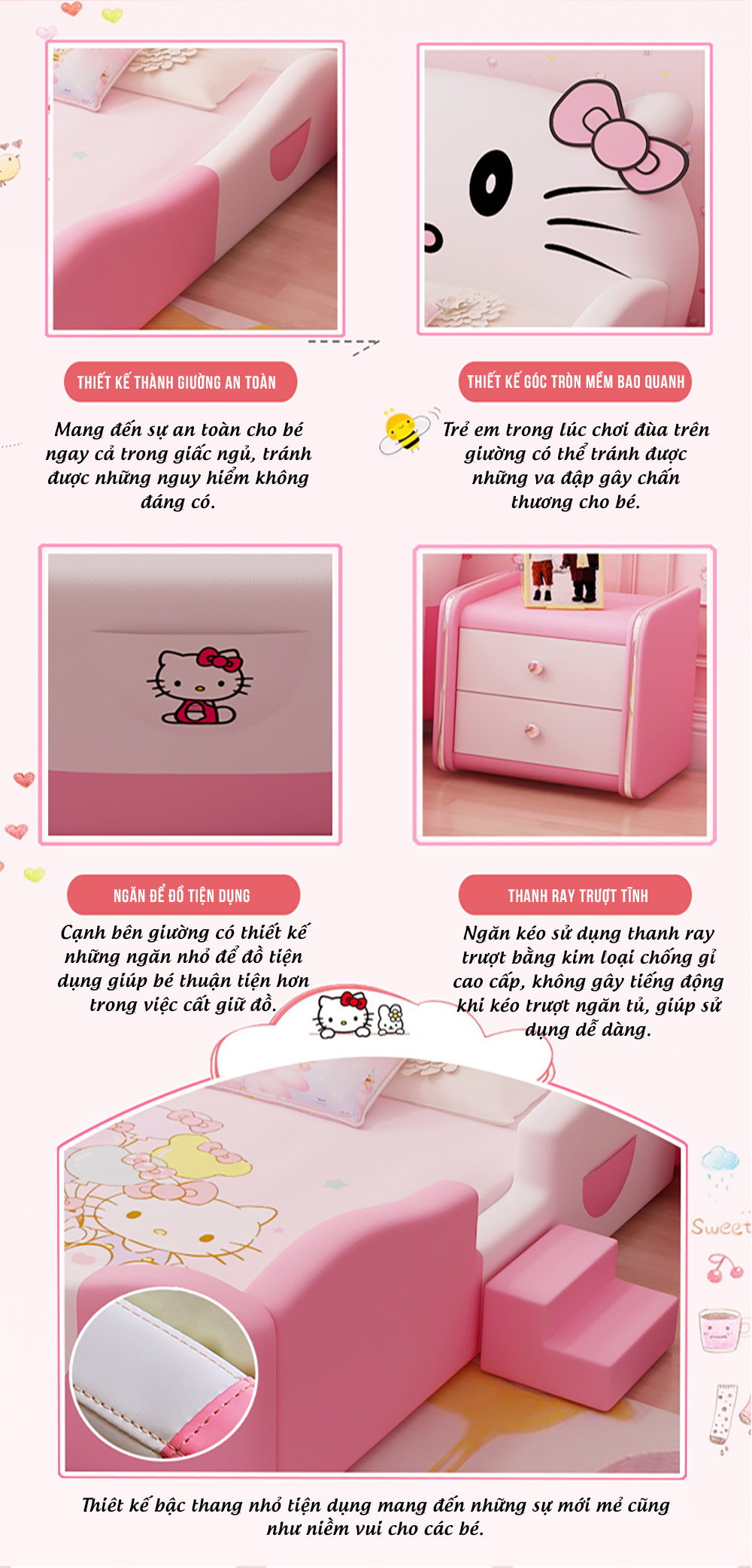 Giường trẻ em bọc da Hello Kitty có thang lên tiện lợi