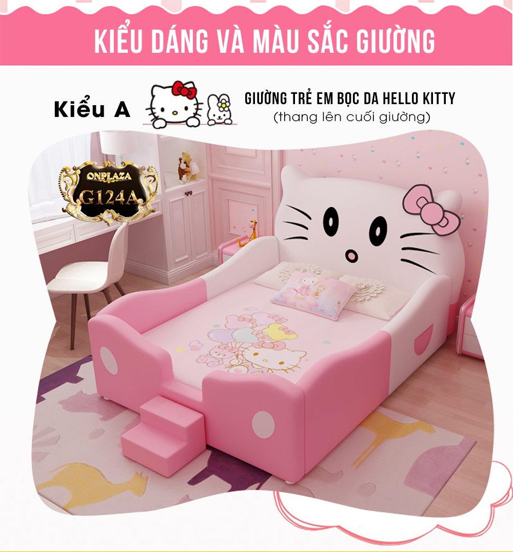 Giường trẻ em bọc da Hello Kitty có thang lên tiện lợi