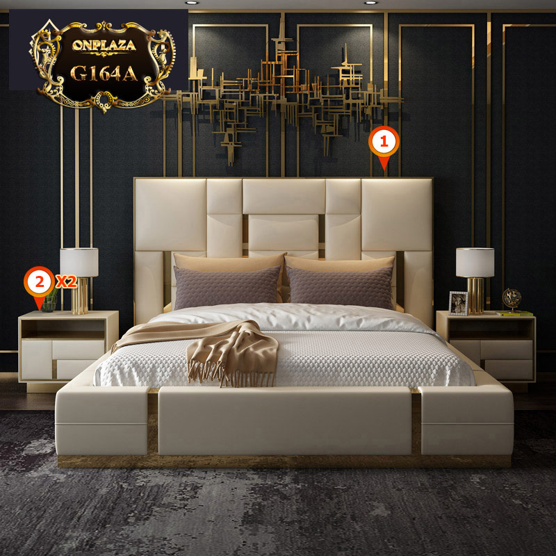 Bộ giường ngủ cao cấp gỗ tự nhiên bọc da phối kim loại phong cách hiện