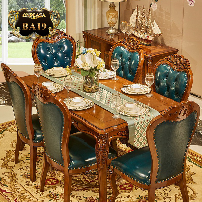 Bộ bàn ghế ăn gỗ tự nhiên chạm khắc hoa văn cổ điển cho phòng ăn