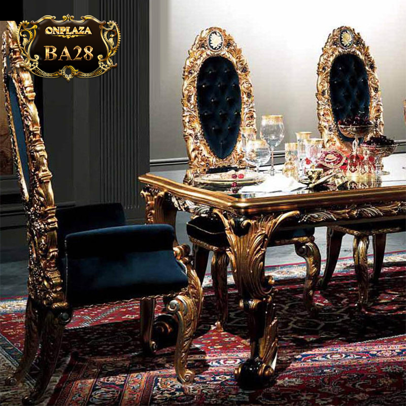 Bộ bàn ghế ăn gỗ tự nhiên chạm khắc cổ điển tinh xảo phong cách hoàng gia Châu Âu 6 ghế BA28