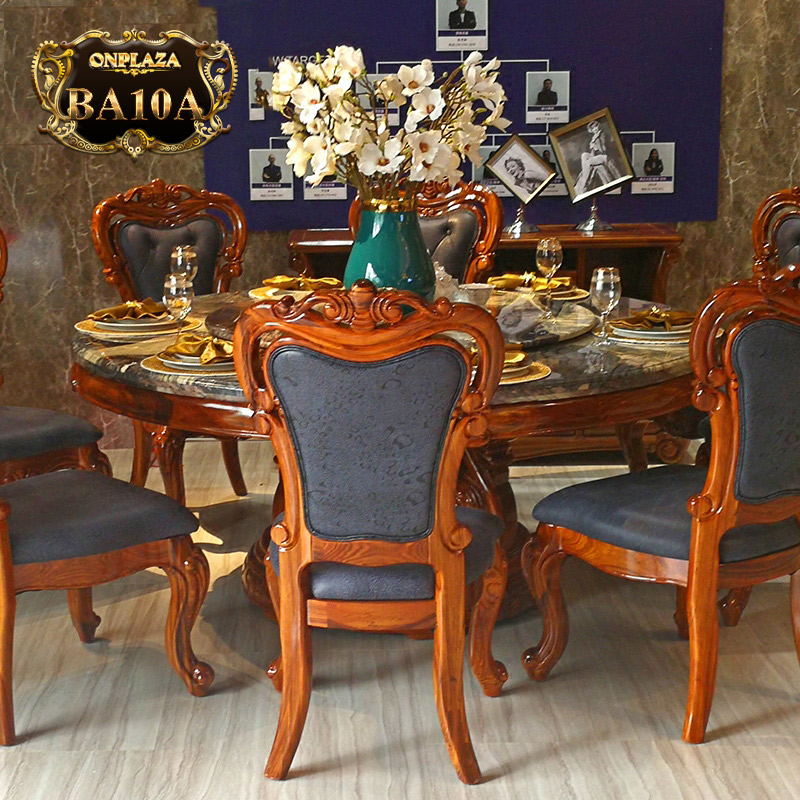 Bộ bàn ghế ăn tròn gỗ tự nhiên có mâm xoay mặt đá dành cho 6 người phong cách tân cổ điển BA10A