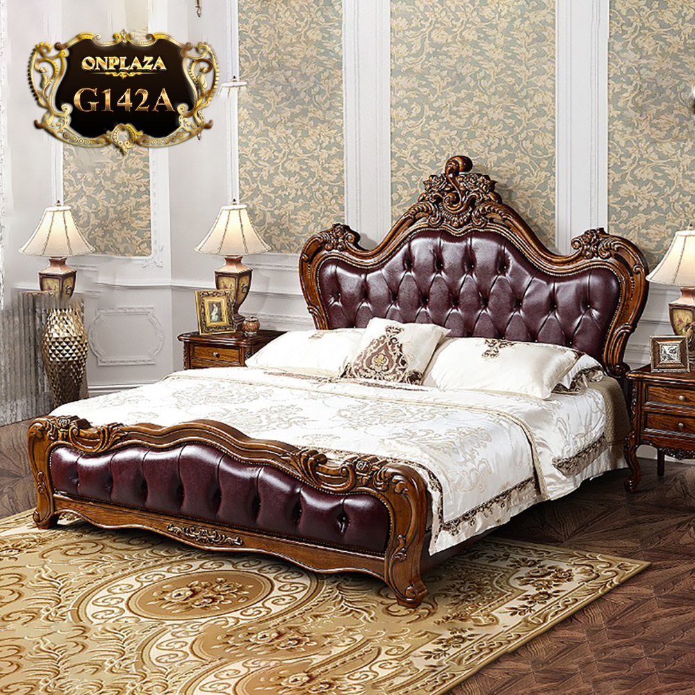 Bộ giường ngủ điêu khắc gỗ bọc da phong cách cổ điển Châu Âu G142A