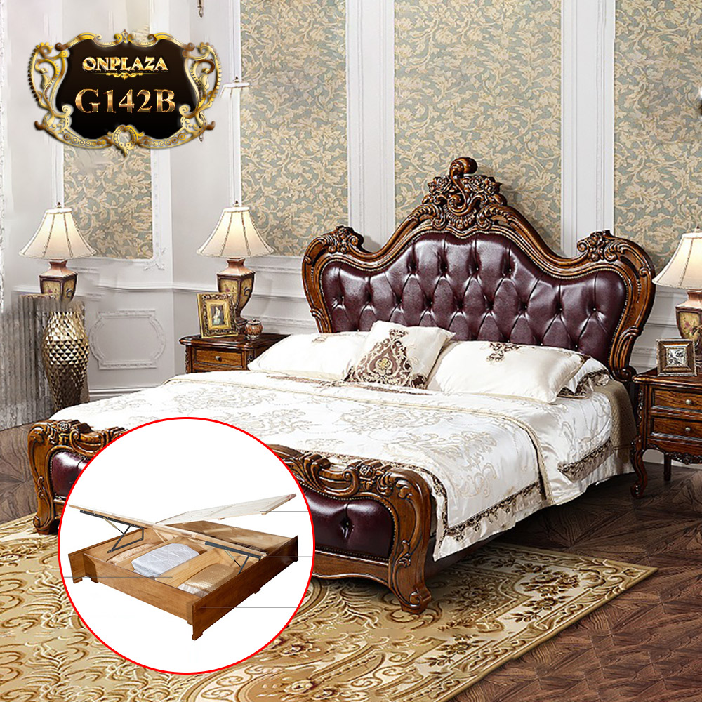 Bộ giường ngủ điêu khắc gỗ bọc da phong cách cổ điển Châu Âu G142B