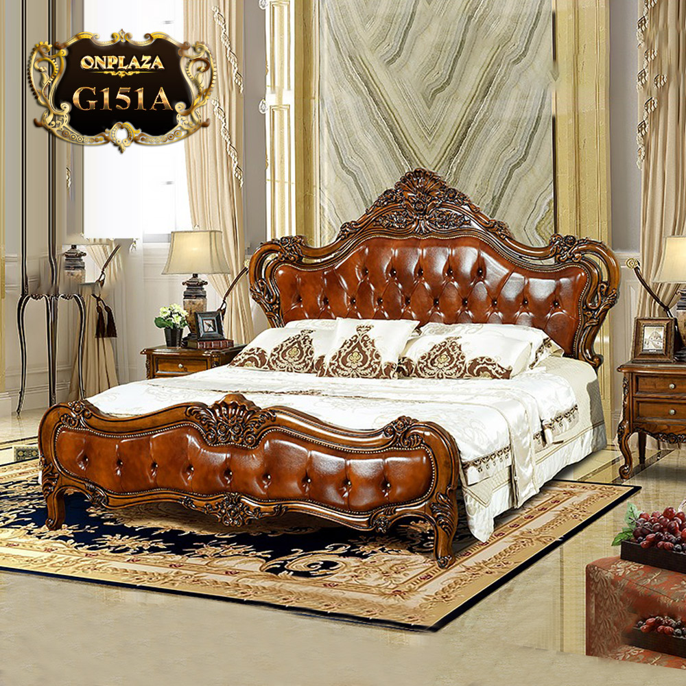 Giường gỗ chạm khắc phối da phong cách Châu Âu cổ điển G151A