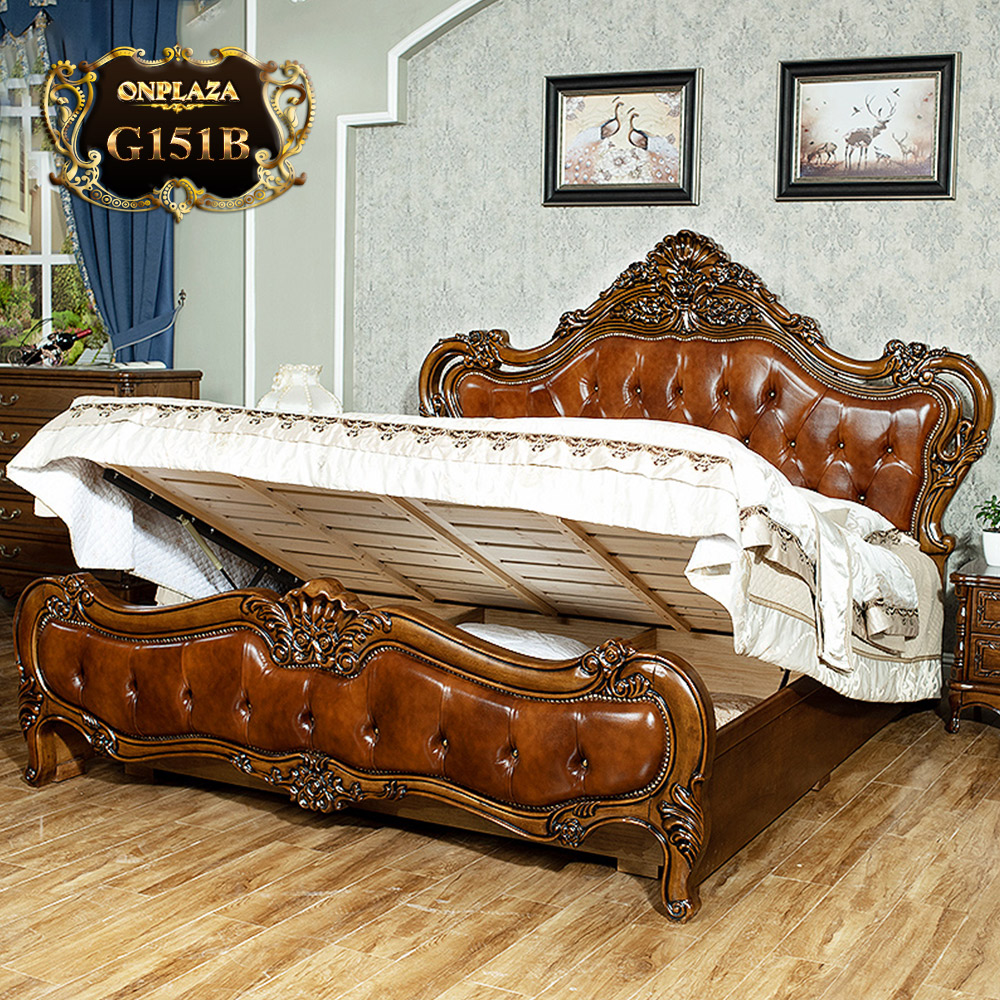 Giường gỗ chạm khắc phối da phong cách Châu Âu cổ điển G151B