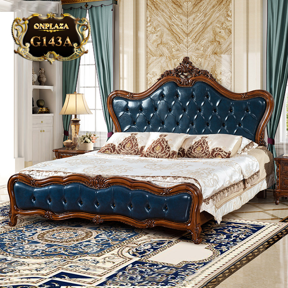 Giường ngủ gỗ điêu khắc phối da phong cách cổ điển Châu Âu G143A
