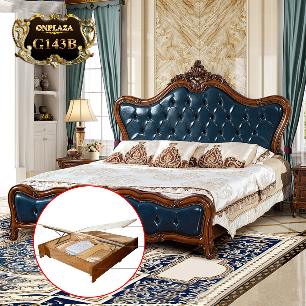 Giường ngủ gỗ điêu khắc phối da phong cách cổ điển Châu Âu G143B