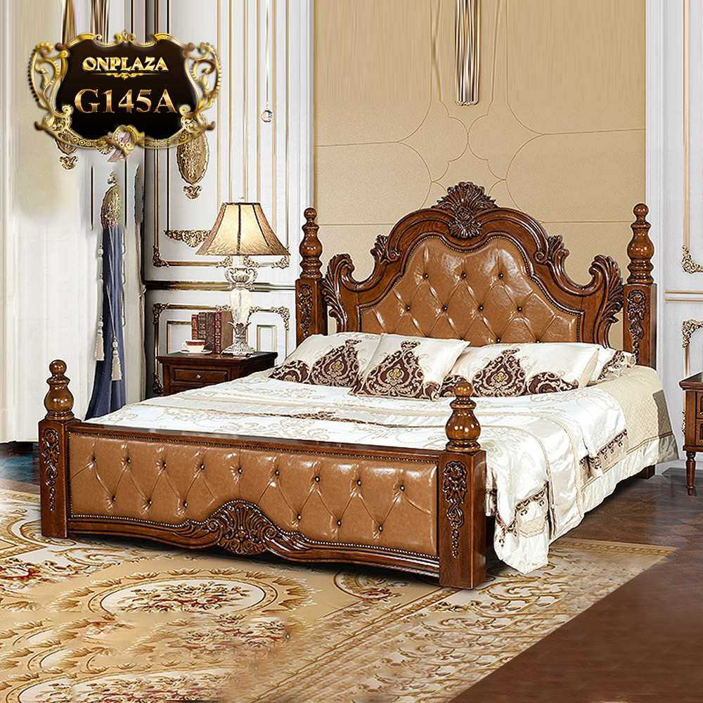 Giường ngủ gỗ điêu khắc phối da phong cách cổ điển sang trọng G145A