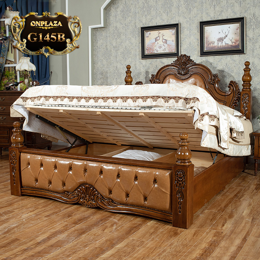 Giường ngủ gỗ điêu khắc phối da phong cách cổ điển sang trọng G145B