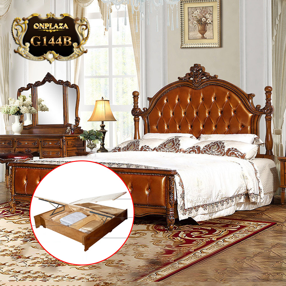 Giường ngủ gỗ phối da cao cấp phong tân cổ điển Châu Âu G144B