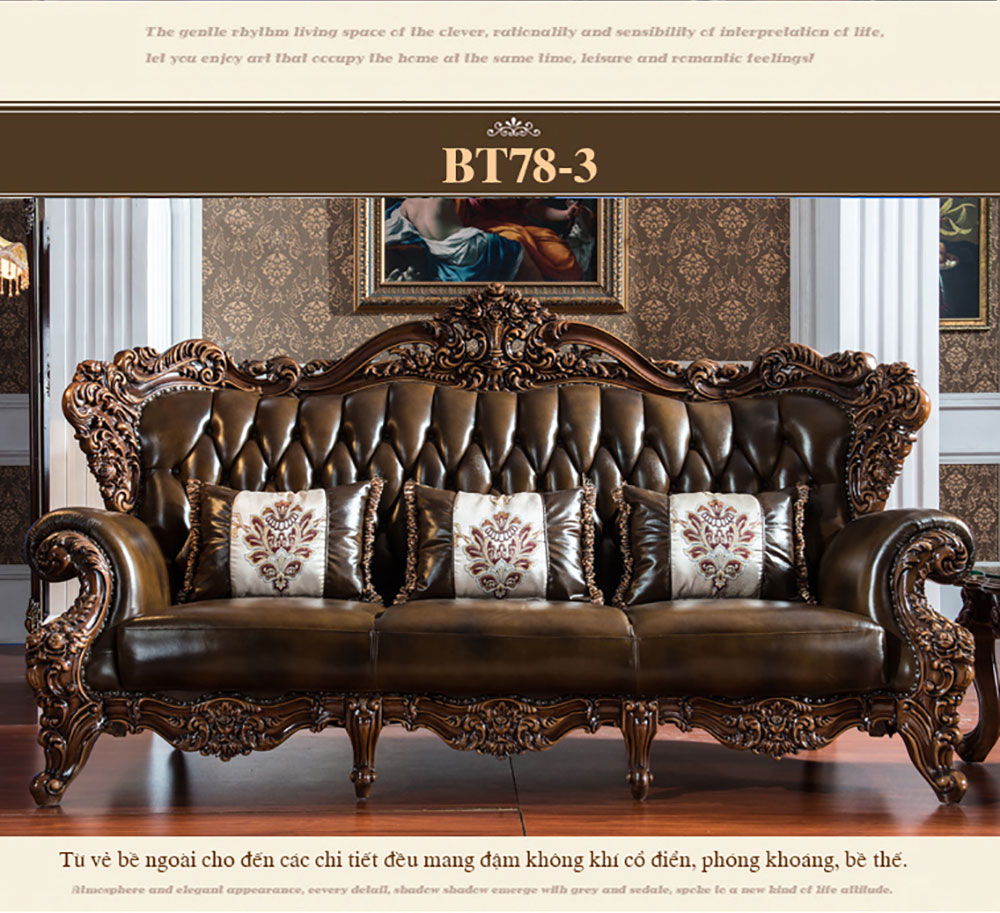 Bộ bàn ghế sofa da cổ điển chạm khắc hoa văn 2 mặt phong cách Châu Âu BT78