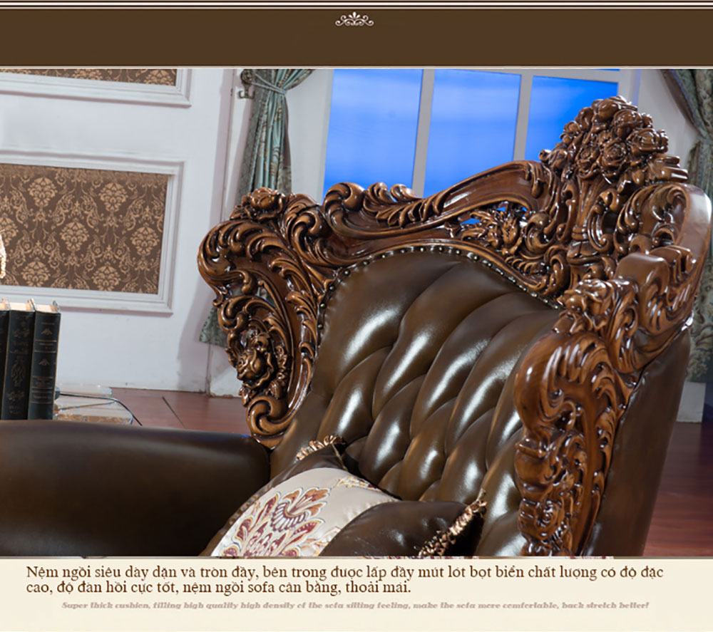 Bộ bàn ghế sofa da cổ điển chạm khắc hoa văn 2 mặt phong cách Châu Âu BT78