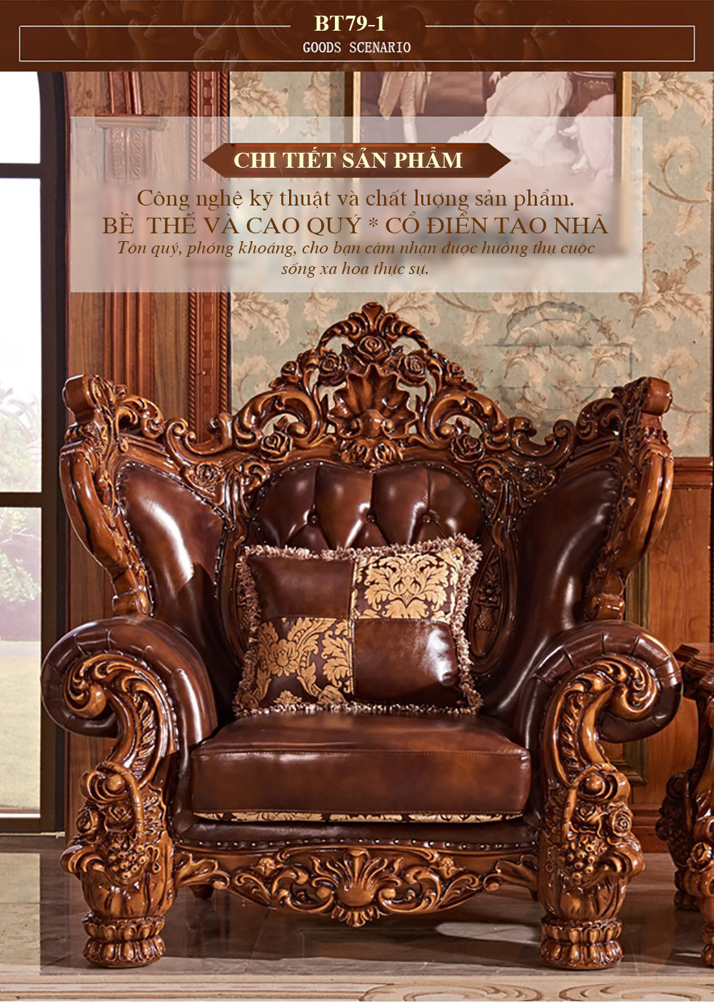 Bộ bàn ghế sofa da khắc 2 mặt tinh xảo theo phong cách quý tộc Châu Âu BT79