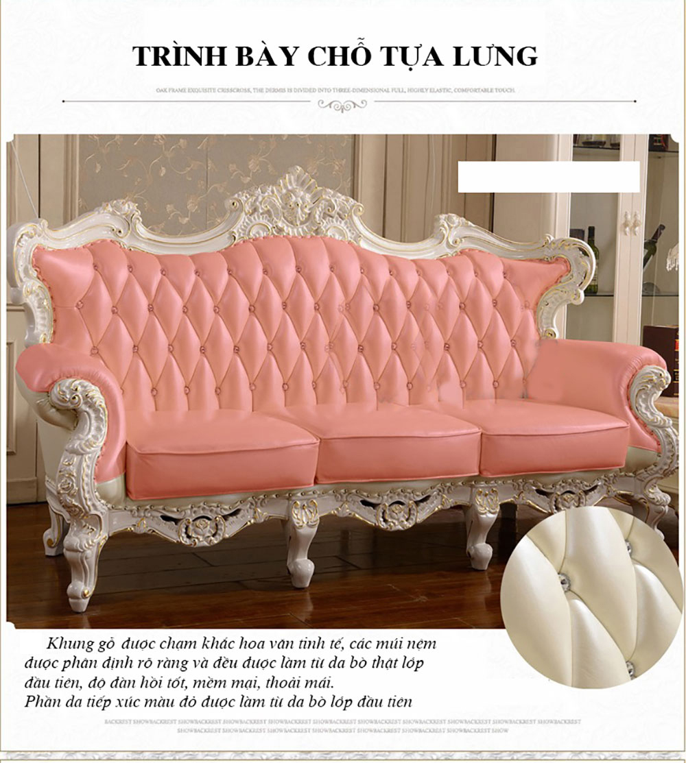 Bộ bàn ghế sofa da trắng thếp vàng chạm khắc 2 mặt phong cách Châu Âu BT80