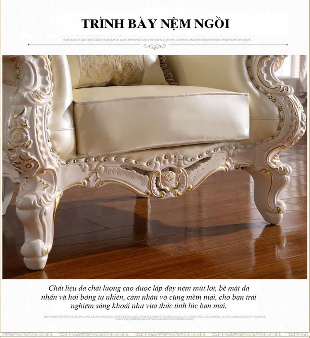 Bộ bàn ghế sofa da trắng thếp vàng chạm khắc 2 mặt phong cách Châu Âu BT80