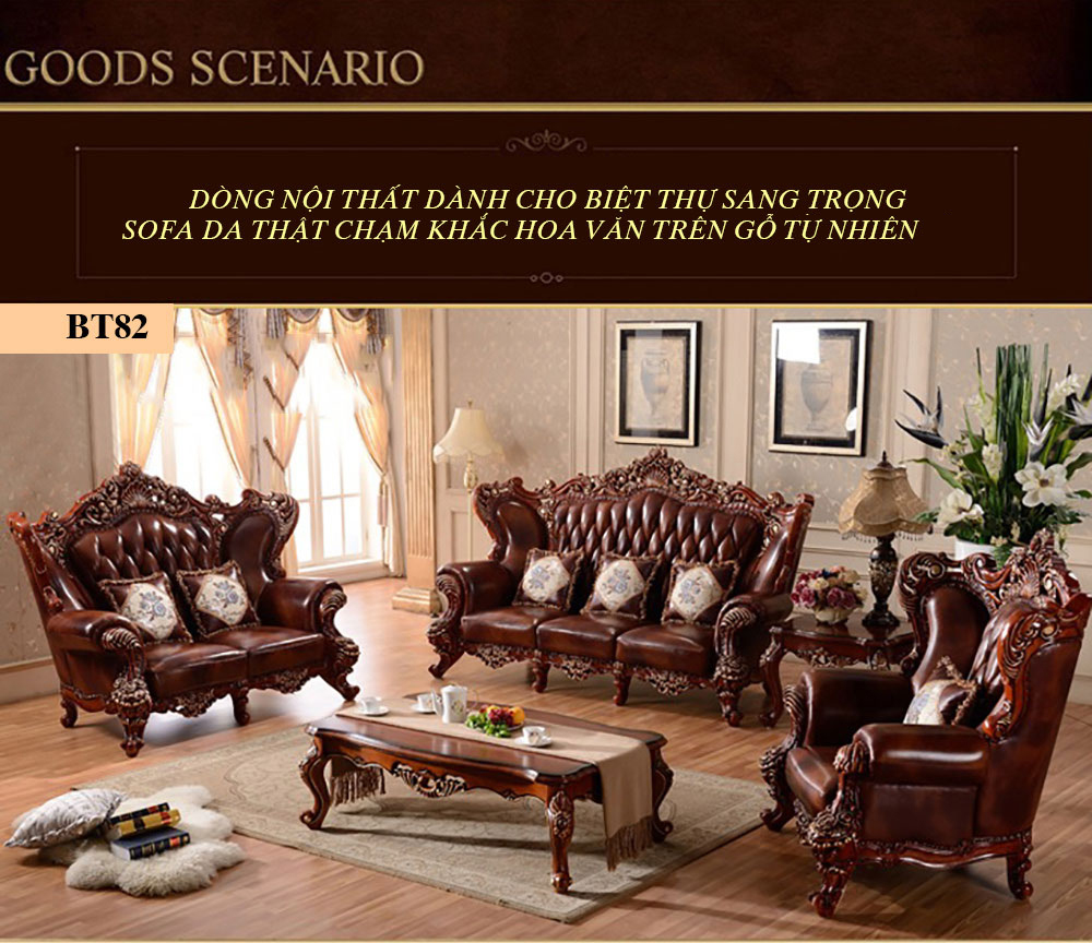 Bộ ghế sofa da khắc 2 mặt thếp vàng phong cách quý tộc BT82