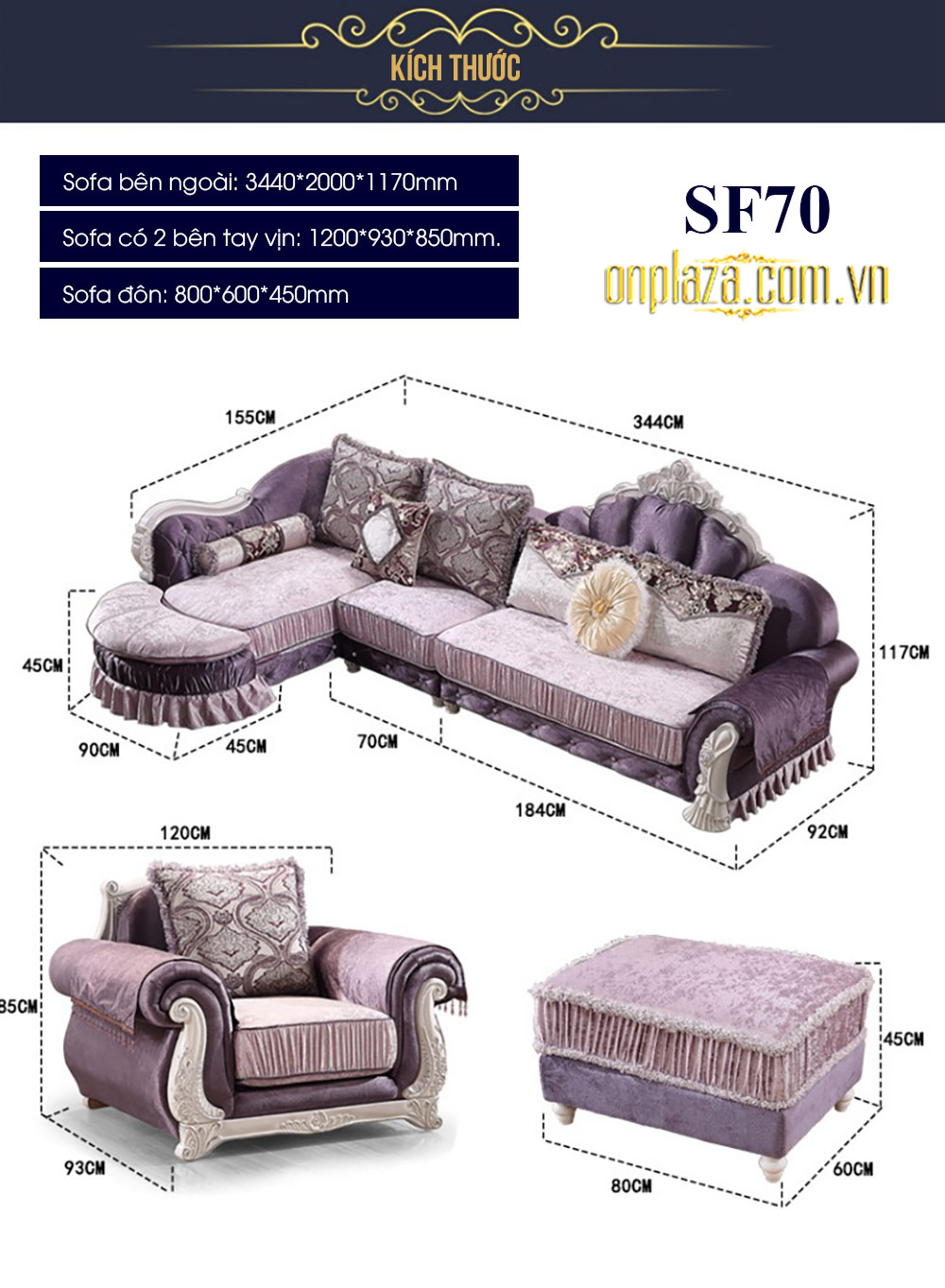 Bộ Sofa phòng khách sắc tím phong cách châu Âu SF70
