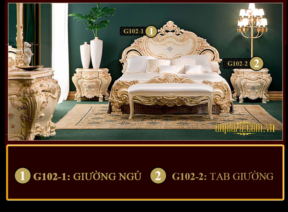 Bộ giường ngủ đá hoa cao cấp chạm khắc hoa văn (giường ngủ + tab giường)  G102