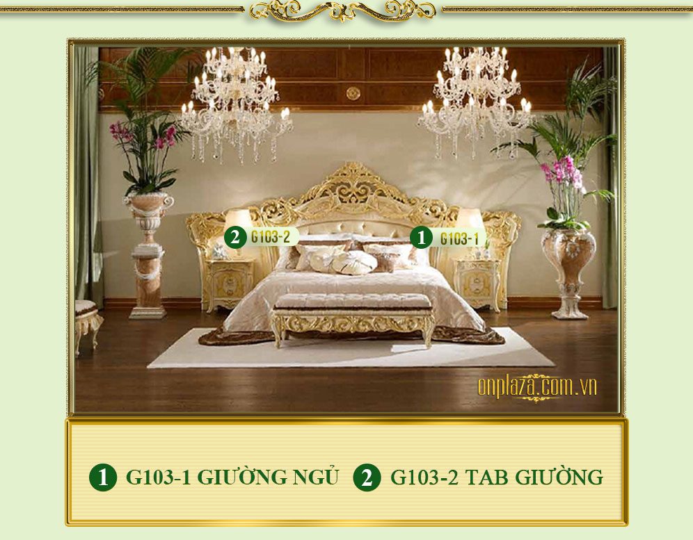 Bộ giường ngủ tân cổ điển chạm khắc hoa văn sang trọng (giường+tab giường) G103