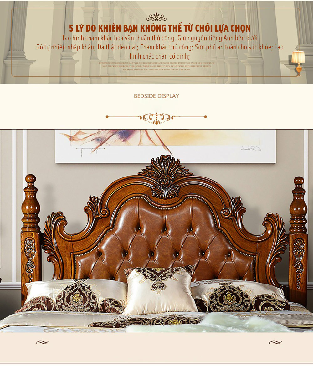 Bộ giường ngủ da và gỗ tự nhiên phong cách quý tộc sang trọng G118A