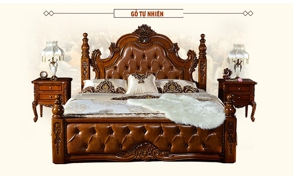 Bộ giường ngủ da và gỗ tự nhiên phong cách quý tộc sang trọng G118A