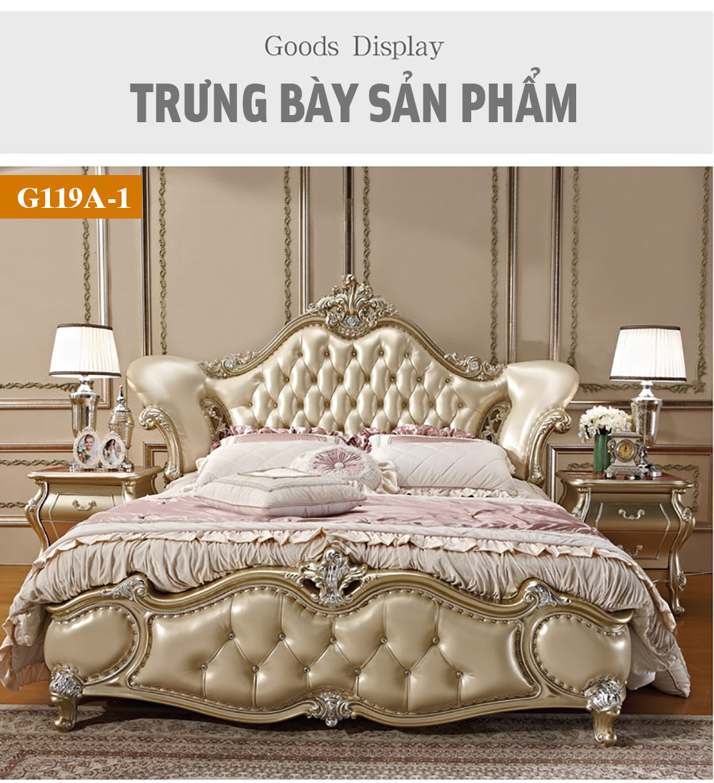 Bộ giường ngủ da và gỗ cao cấp phong cách tân cổ điển G119