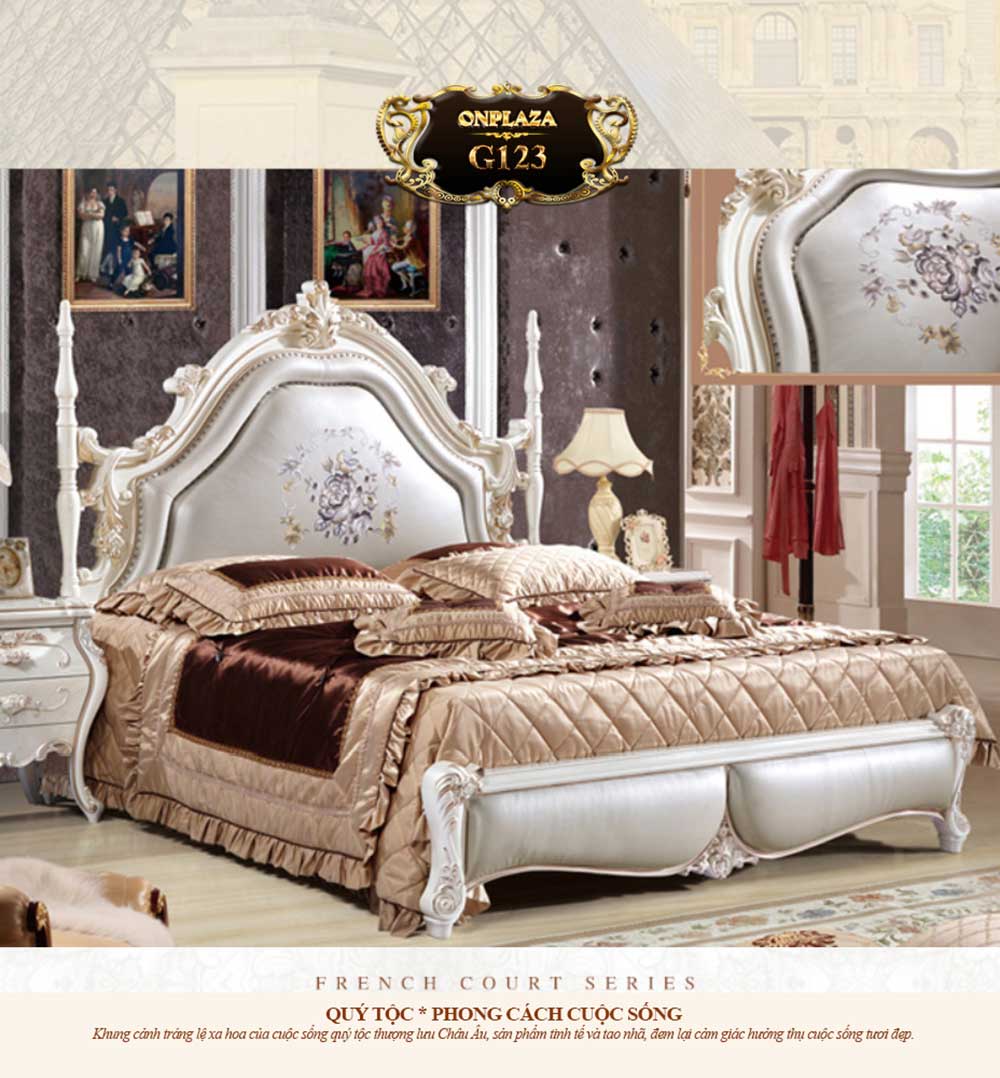 Giường ngủ cao cấp thêu hoa tinh tế phong cách tân cổ điển G123