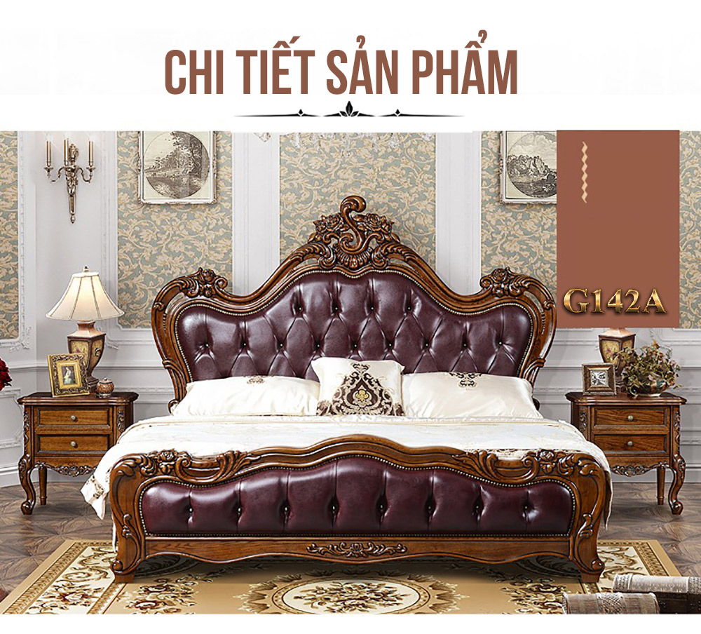 Bộ giường ngủ điêu khắc gỗ bọc da phong cách cổ điển Châu Âu G142