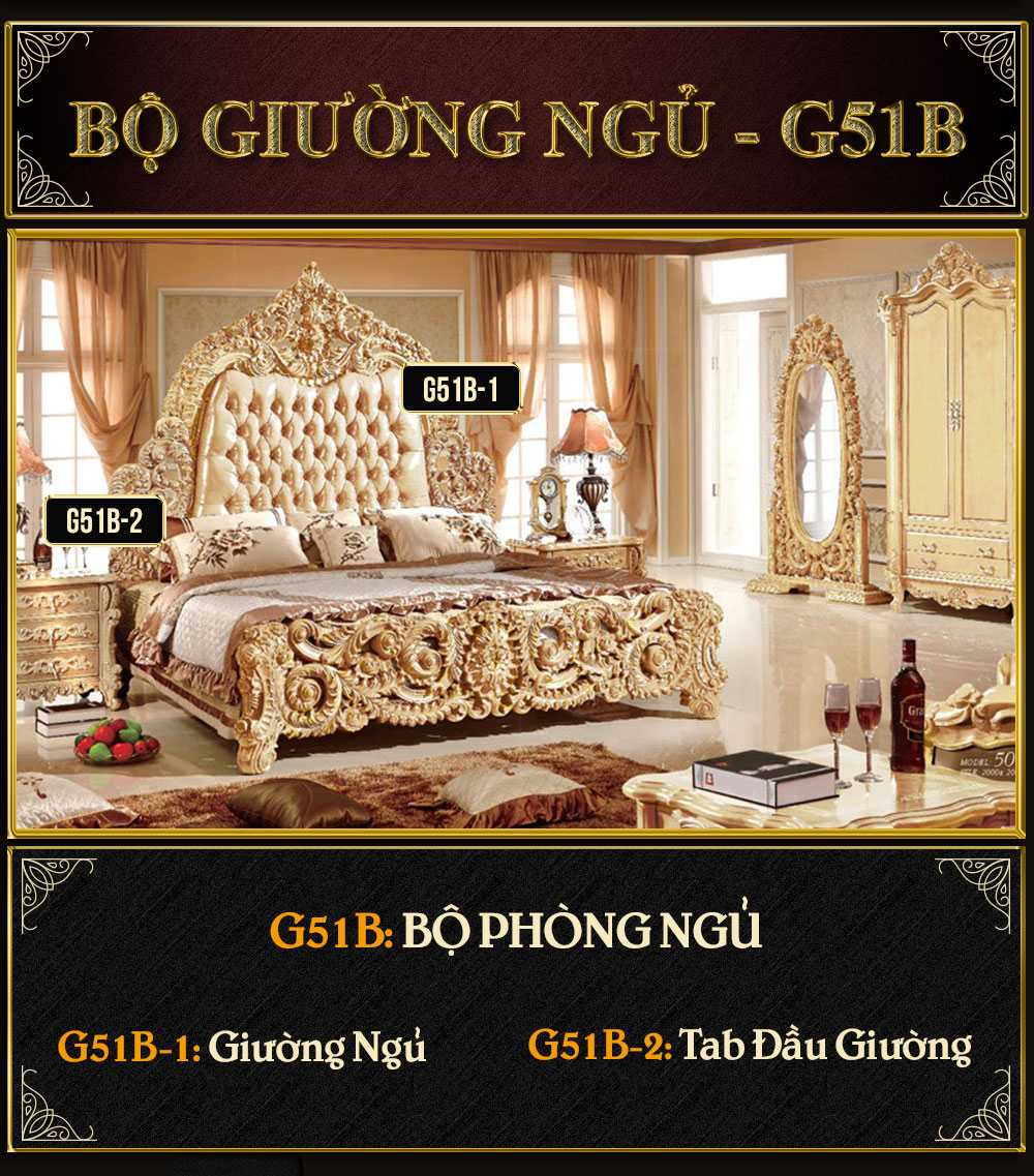Bộ giường gỗ bọc nệm chạm khắc hoa văn phục cổ Hoàng gia cao cấp G51