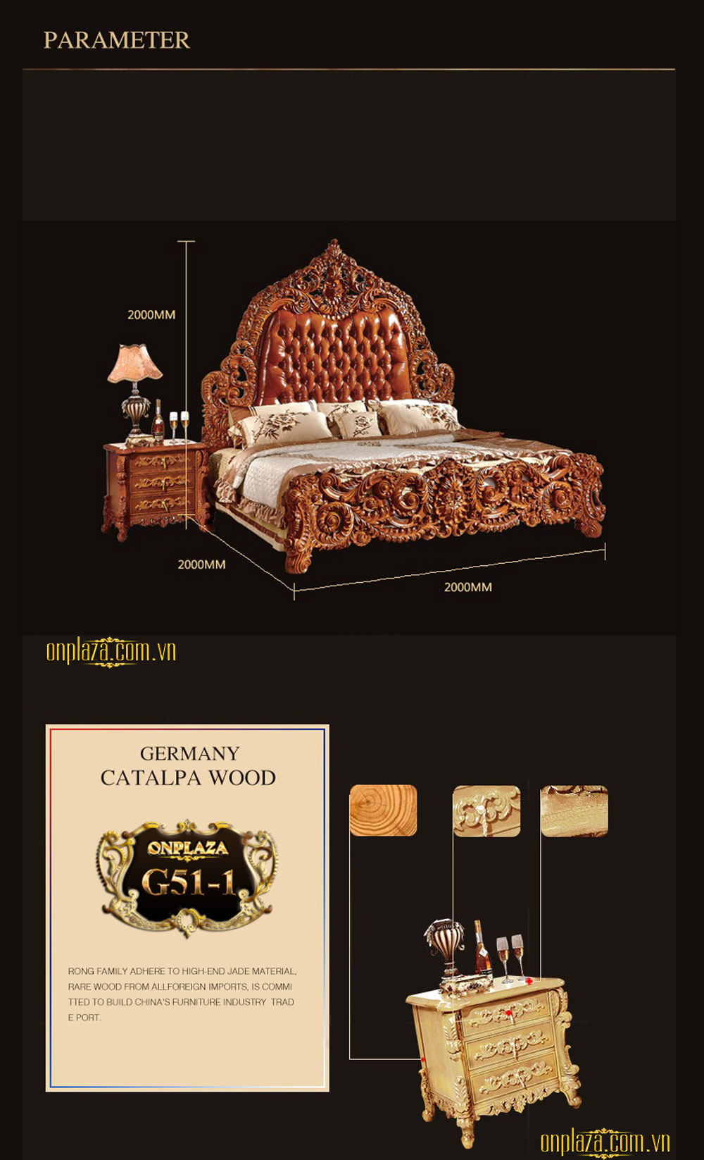 Bộ giường gỗ bọc nệm chạm khắc hoa văn phục cổ Hoàng gia cao cấp G51
