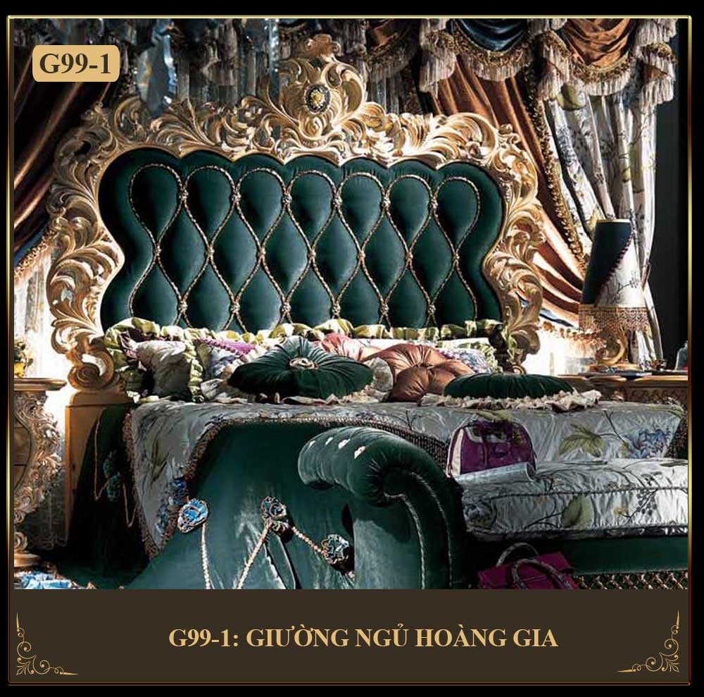 Bộ giường ngủ hoàng gia cao cấp chạm khắc mạ vàng tinh xảo G99