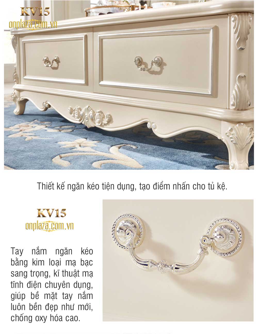 Bộ bàn trà mặt đá hoa cương + kệ tủ tivi tân cổ điển trang nhã KV15