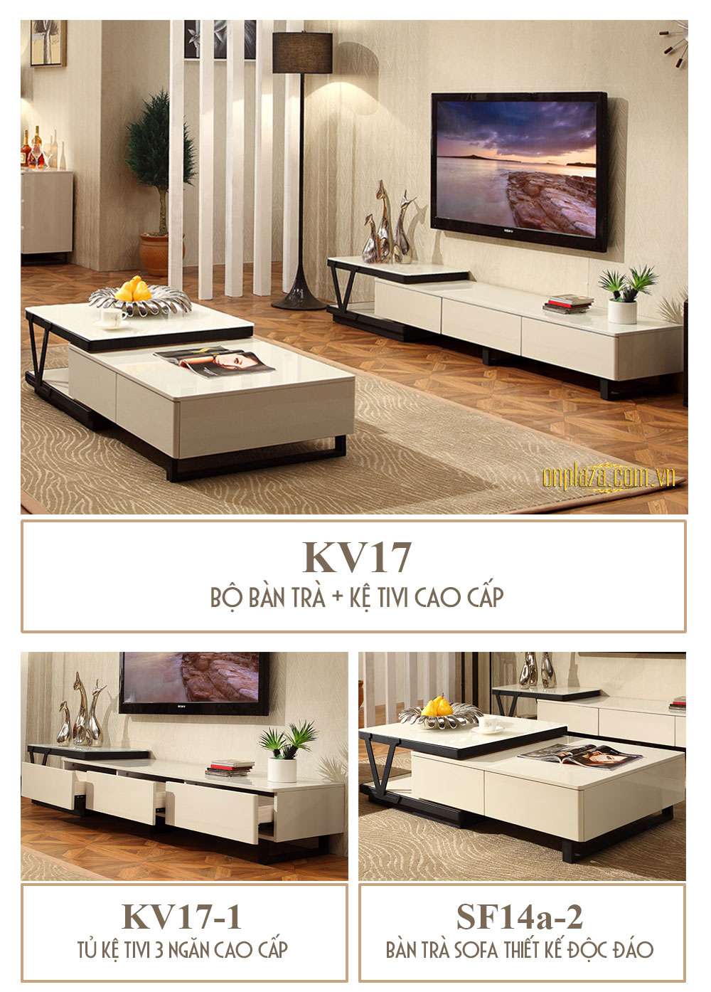 Bộ bàn trà+kệ tivi cao cấp cho phòng khách hiện đại KV17
