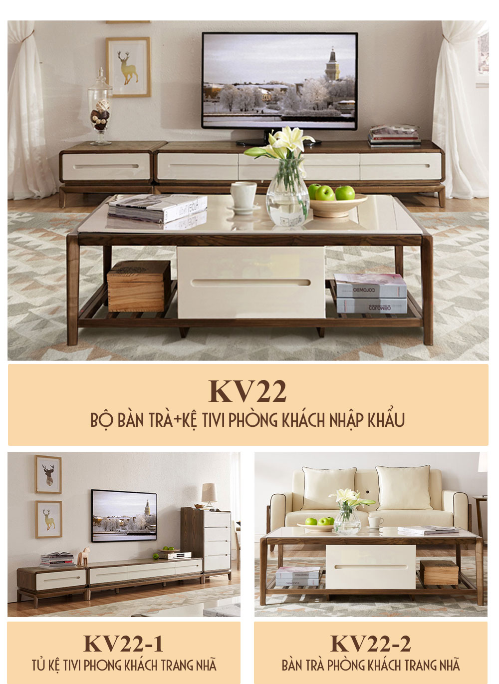Bộ bàn trà+kệ tivi phòng khách nhập khẩu cao cấp KV22
