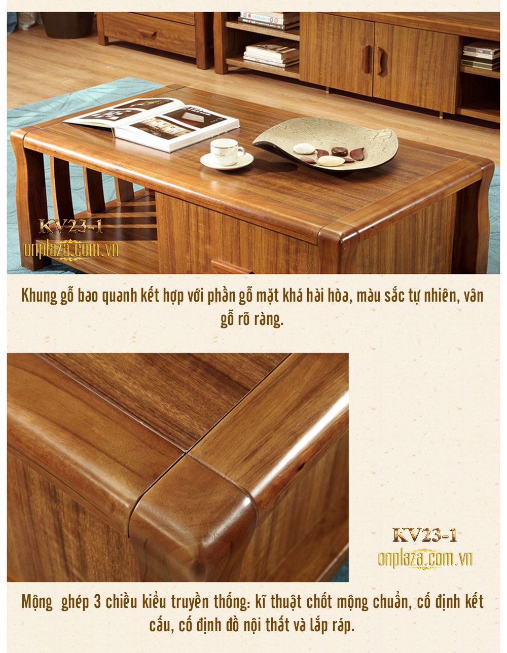 Bộ bàn trà+ kệ tivi gỗ màu hổ phách nhập khẩu cao cấp KV23