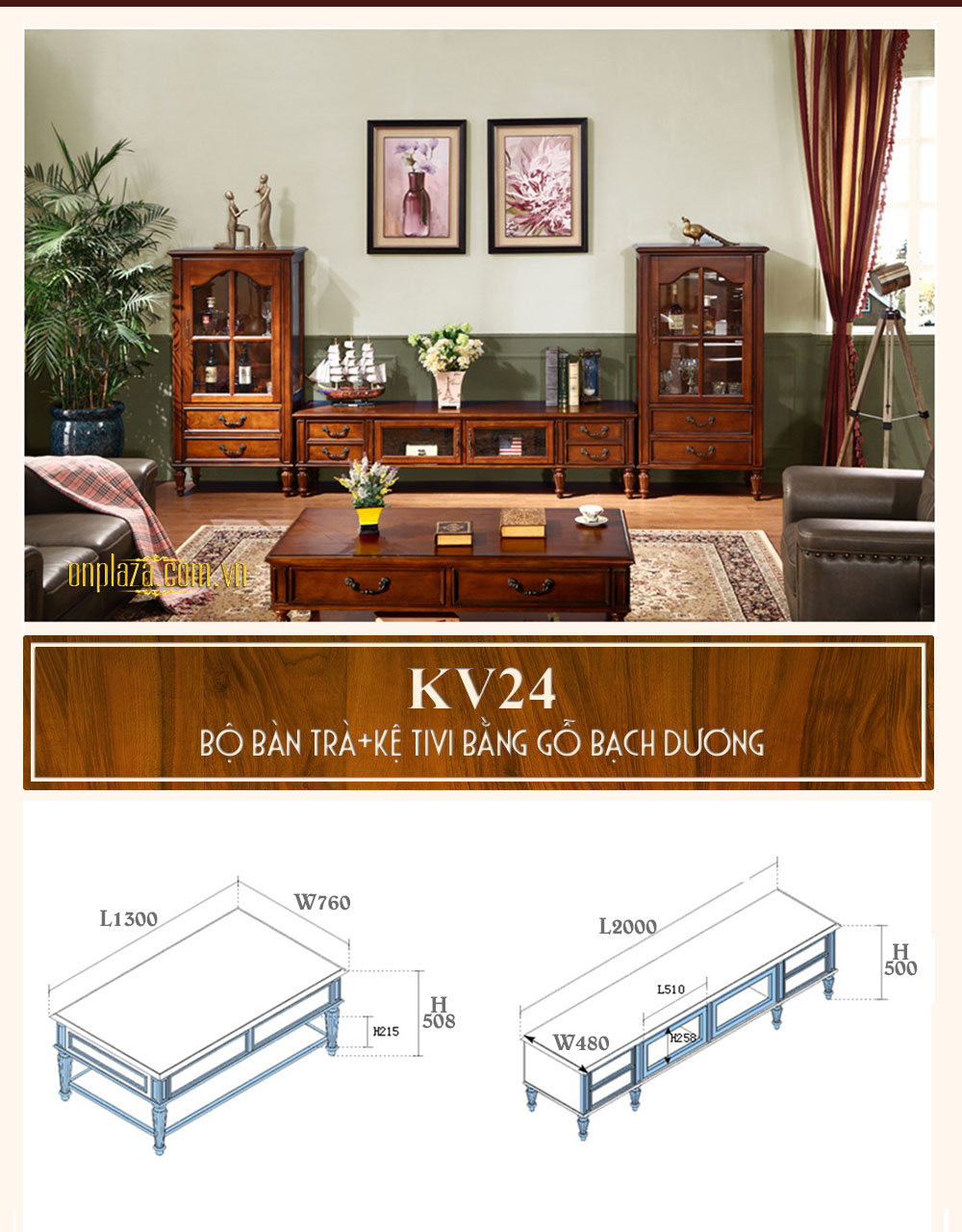 Bộ bàn trà+kệ tivi bằng gỗ bạch dương nhập khẩu cao cấp KV24