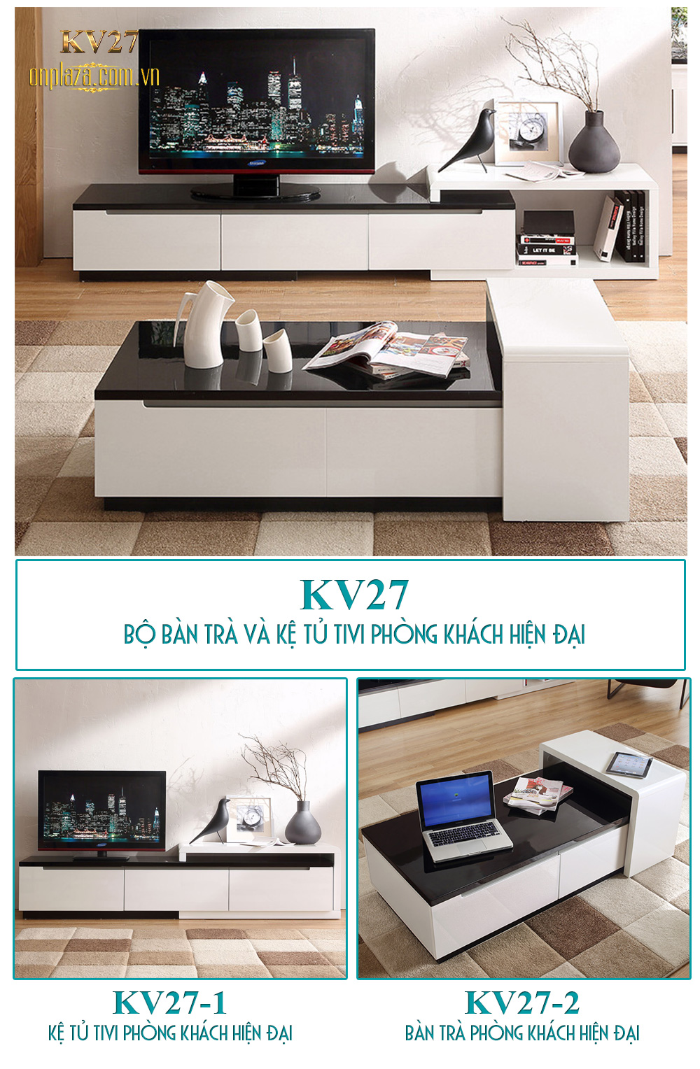 Bộ bàn trà và kệ tủ tivi phòng khách hiện đại nhập khẩu cao cấp KV27