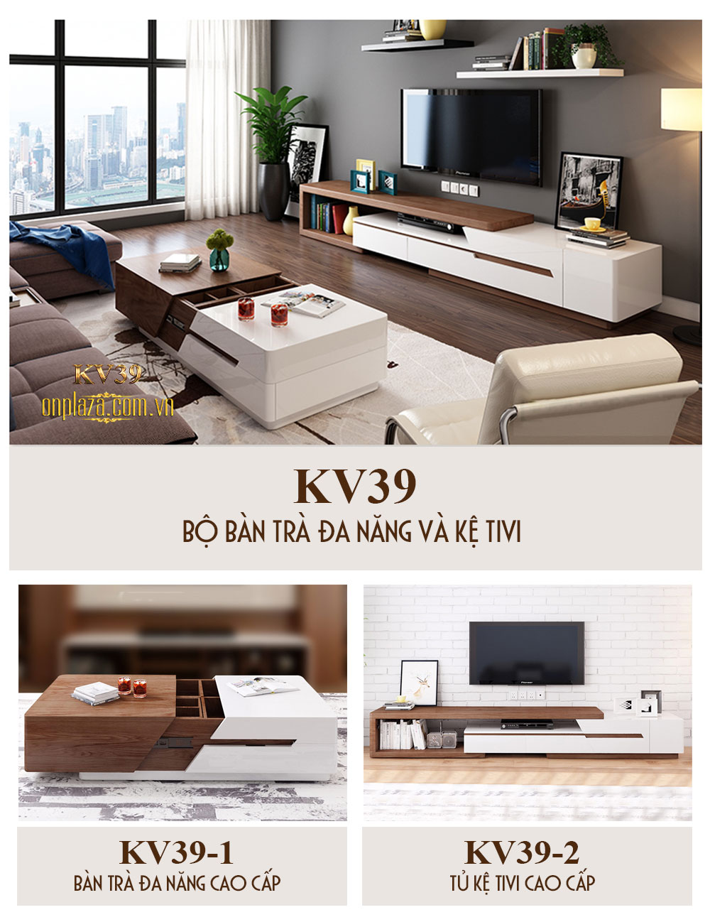 Bộ bàn trà đa năng và kệ tivi đơn giản sang trọng KV39