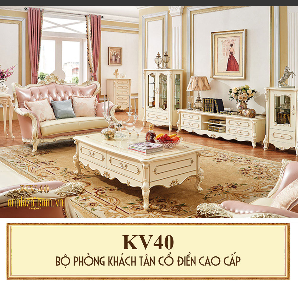 Bộ phòng khách tân cổ điển cao cấp sắc trắng tinh tế KV40