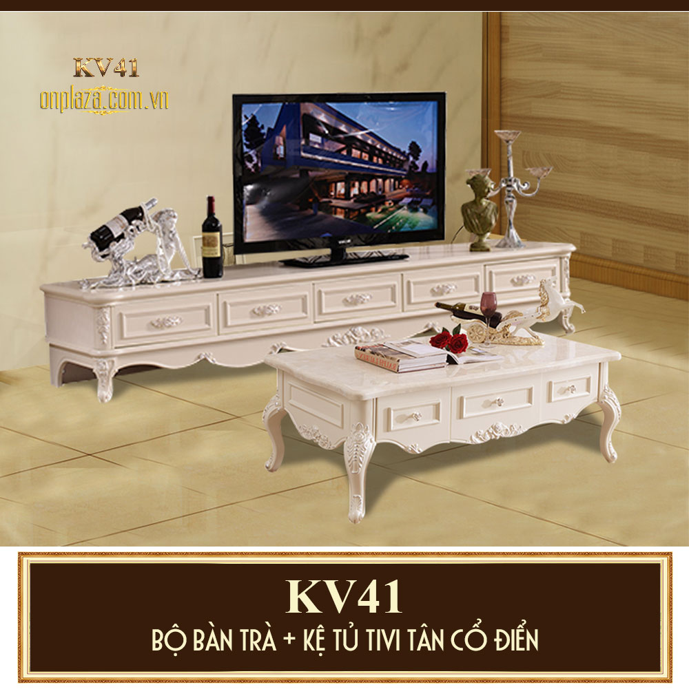 Bộ bàn trà+kệ tủ tivi tân cổ điển cao cấp sắc trắng trang nhã KV41