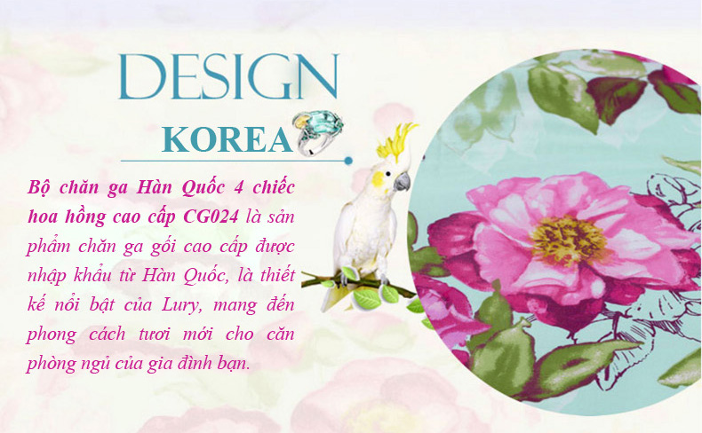 Bộ chăn ga Hàn Quốc 4 chiếc hoa hồng cao cấp CG024